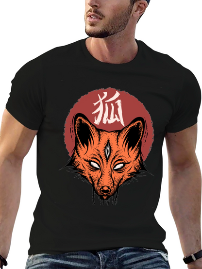 Camiseta Negra con Diseño de Zorro Japonés