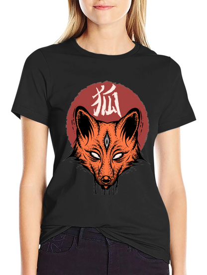 Camiseta Negra con Diseño de Zorro Japonés