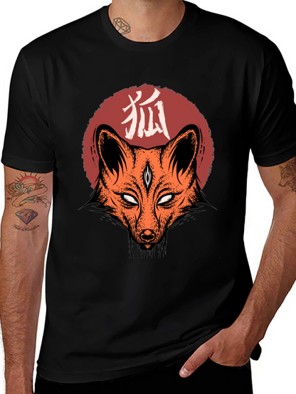 Camiseta Negra con Diseño de Zorro Japonés