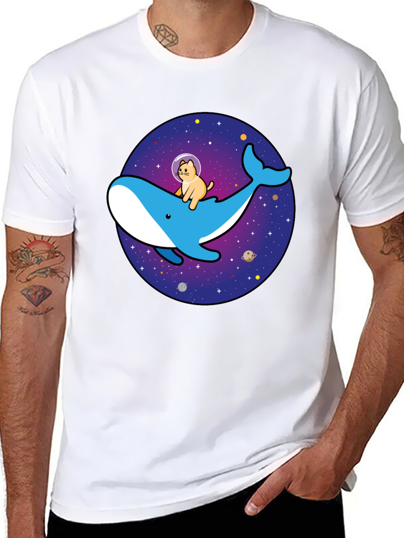 Camiseta Hombre Diseño Ballena Espacial y Gato Astronauta