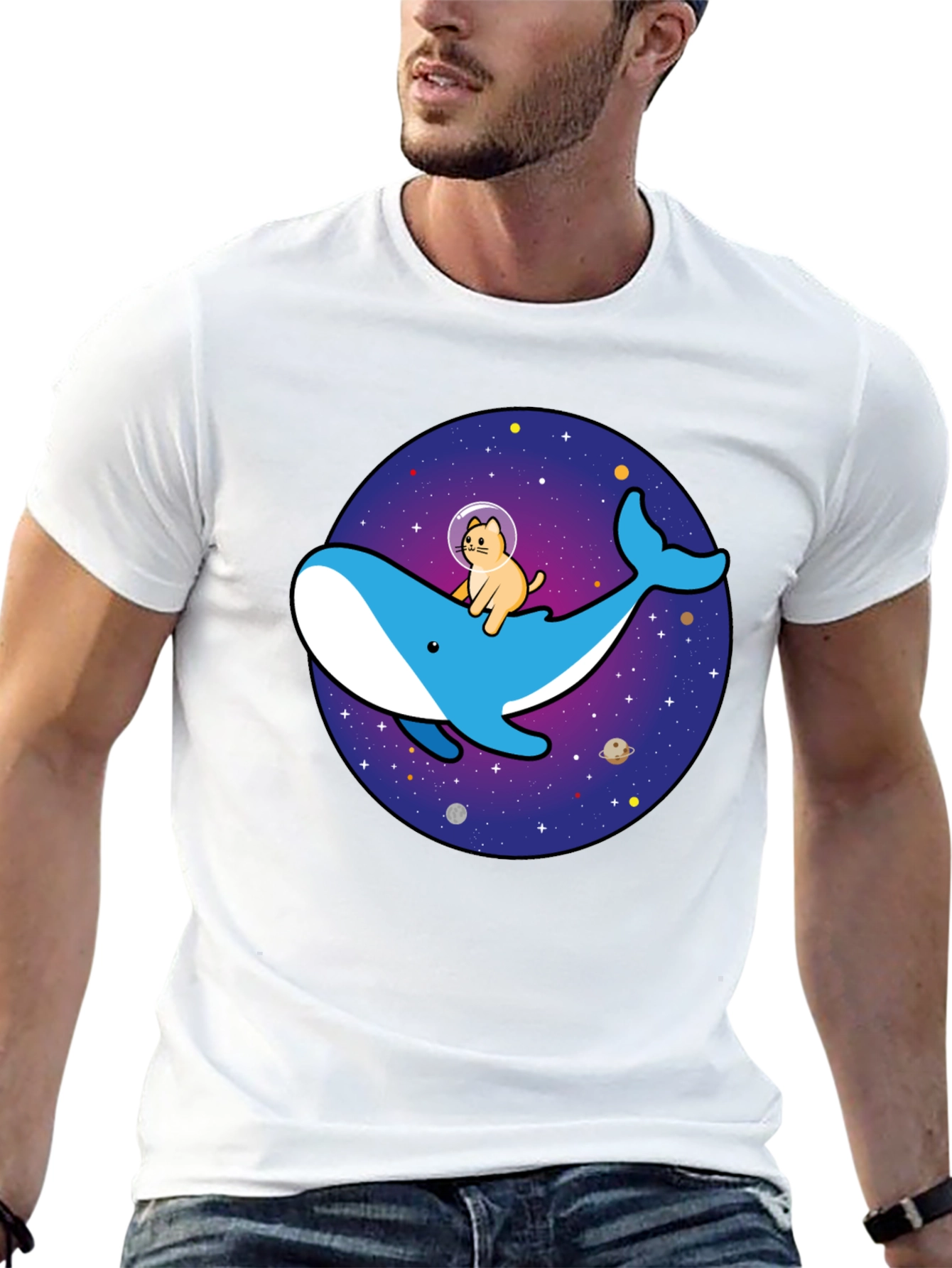 Camiseta Hombre Diseño Ballena Espacial y Gato Astronauta