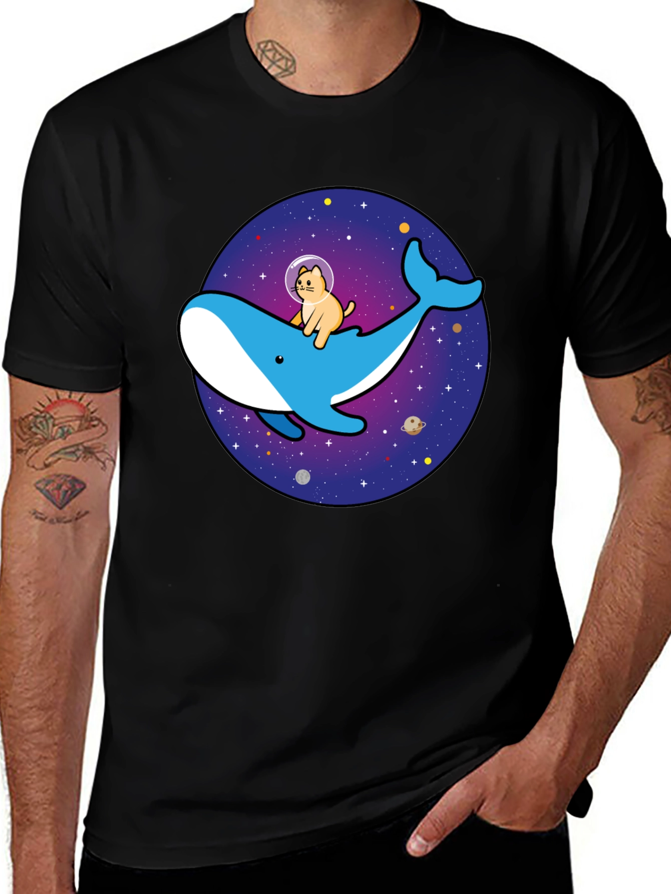 Camiseta Hombre Diseño Ballena Espacial y Gato Astronauta