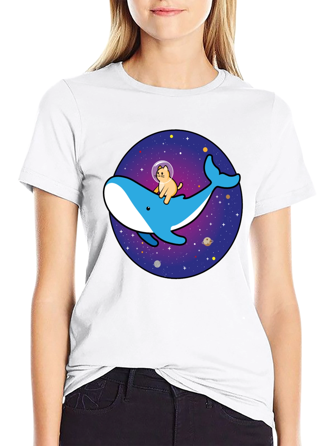 Camiseta Hombre Diseño Ballena Espacial y Gato Astronauta