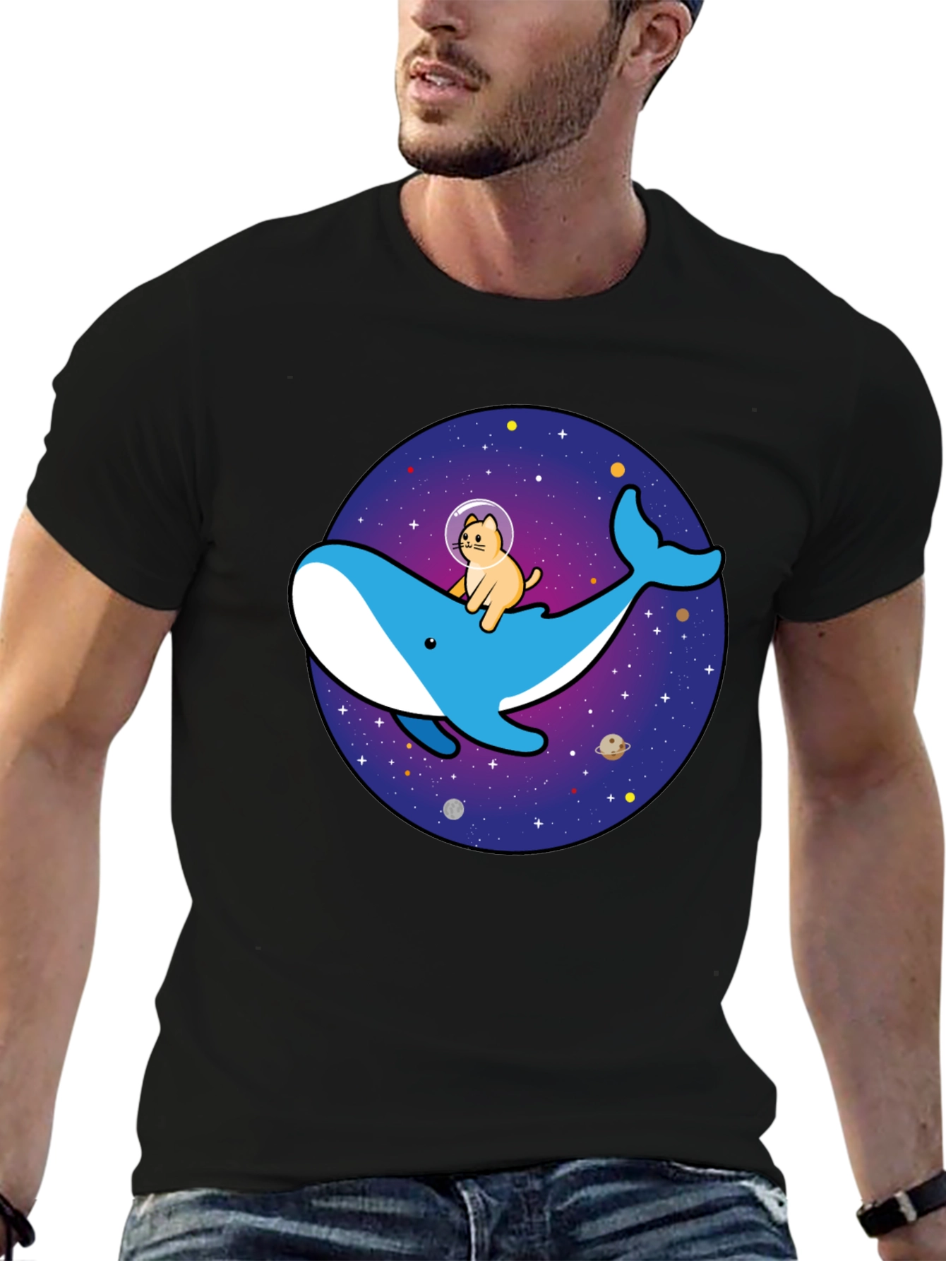 Camiseta Hombre Diseño Ballena Espacial y Gato Astronauta