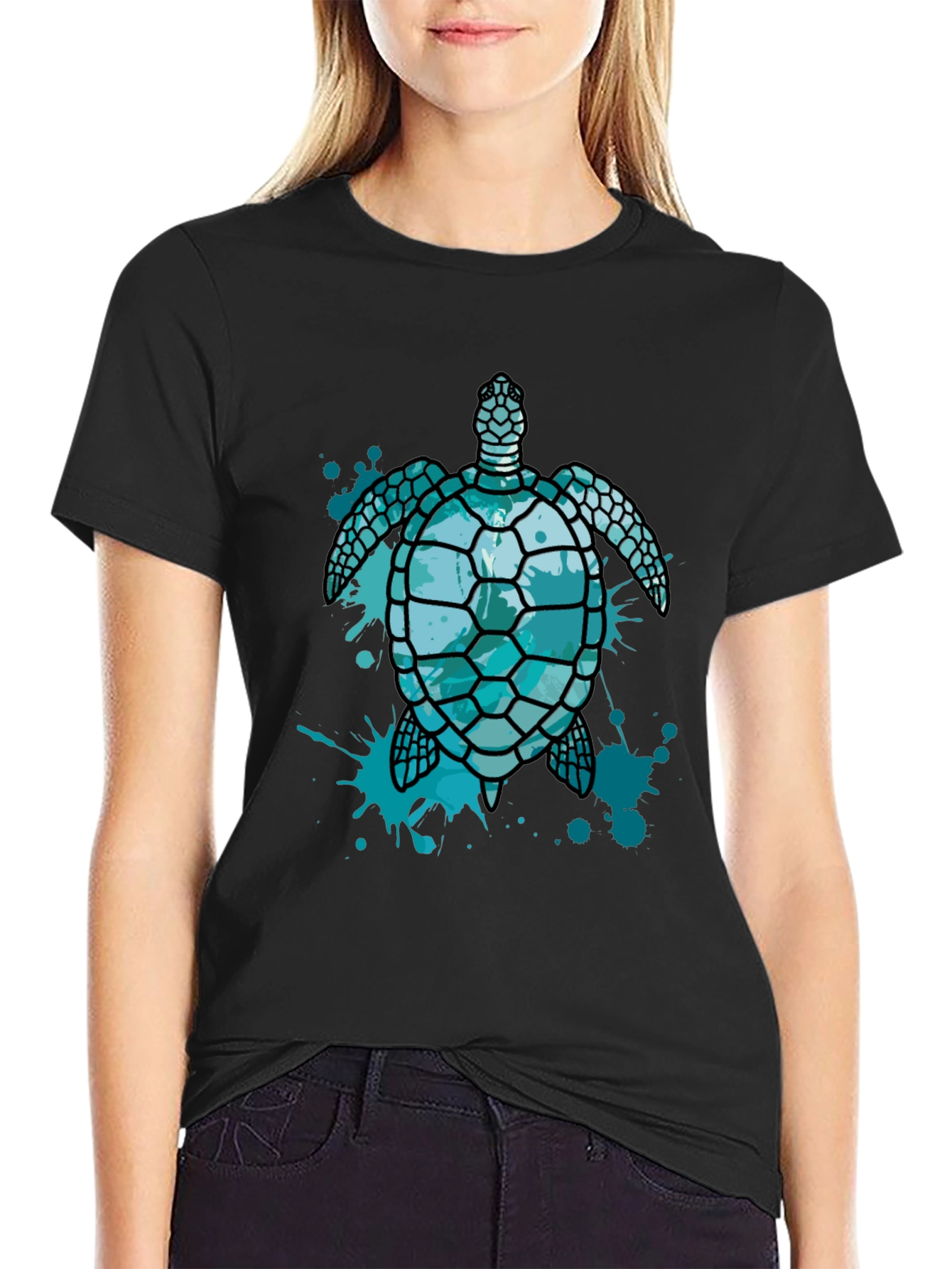 Camiseta Negra con Diseño de Tortuga Marina Azul