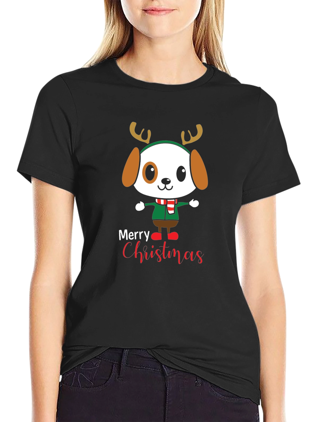 Camiseta Negra Navideña con Diseño de Cachorro