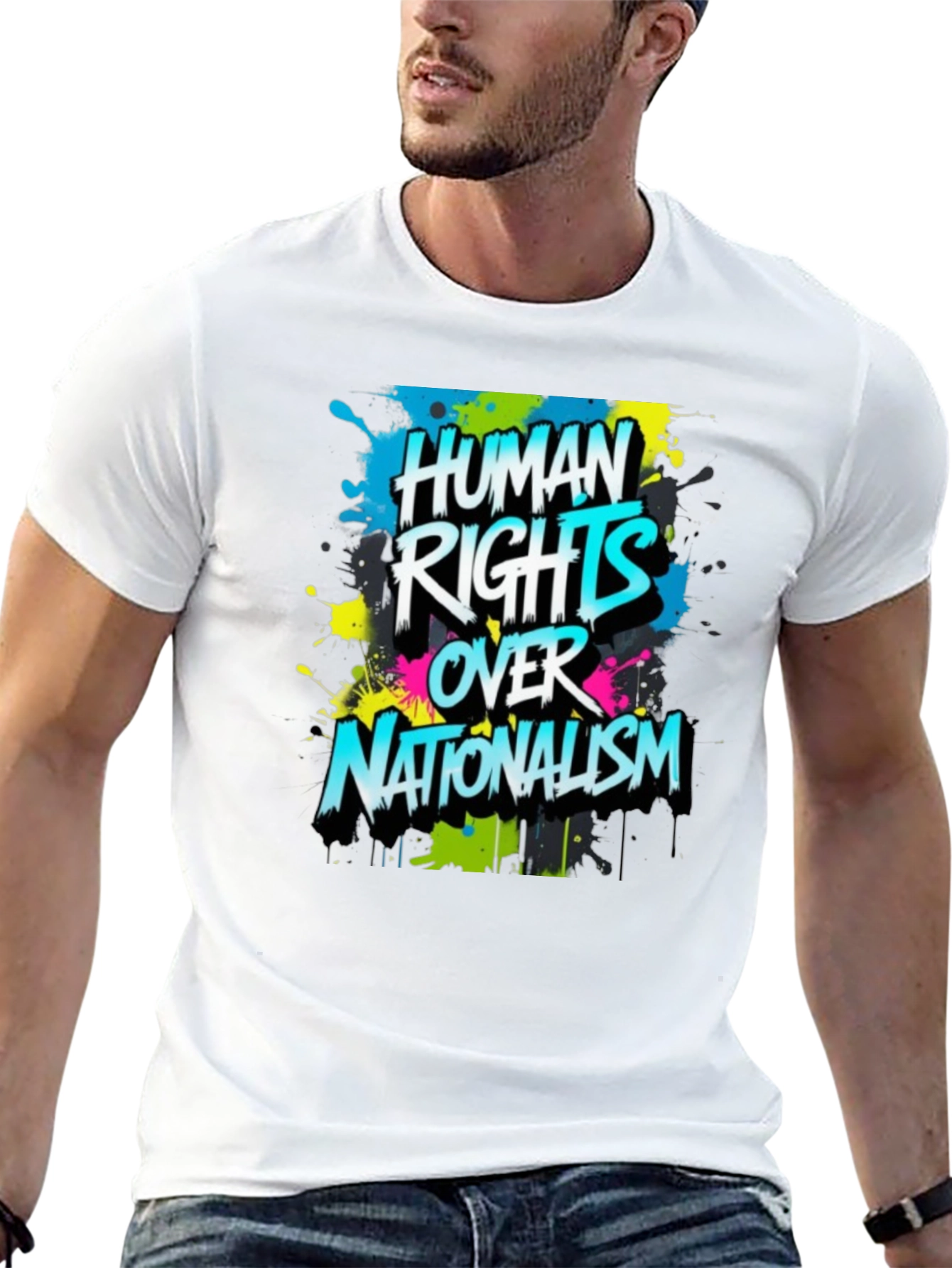 Camiseta Negra con Diseño Derechos Humanos Sobre Nacionalismo