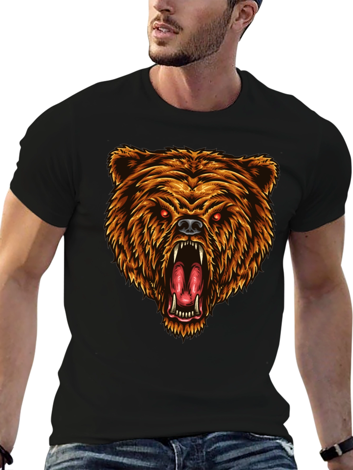 Camiseta Negra con Estampado de Oso Feroz