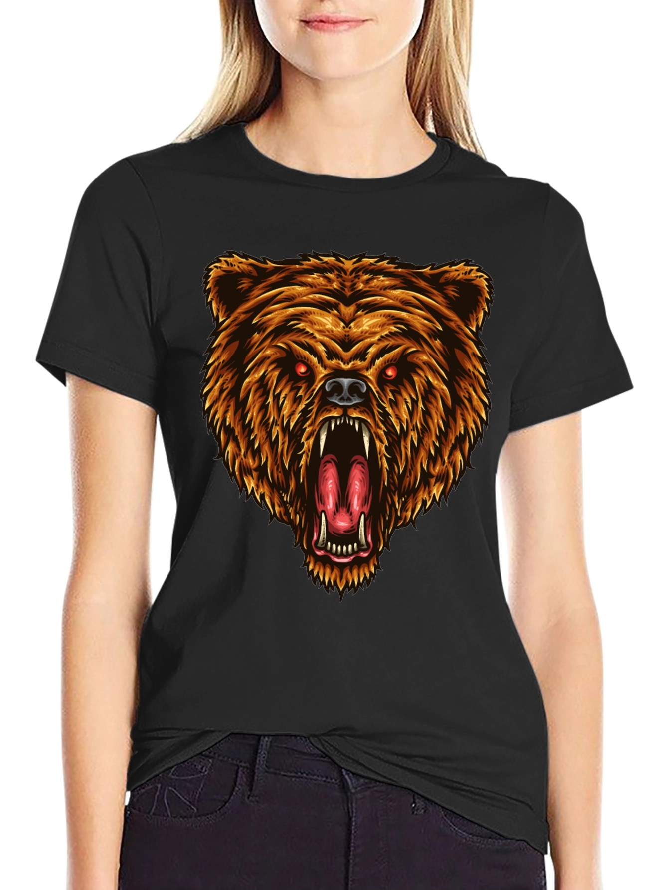 Camiseta Negra con Estampado de Oso Feroz