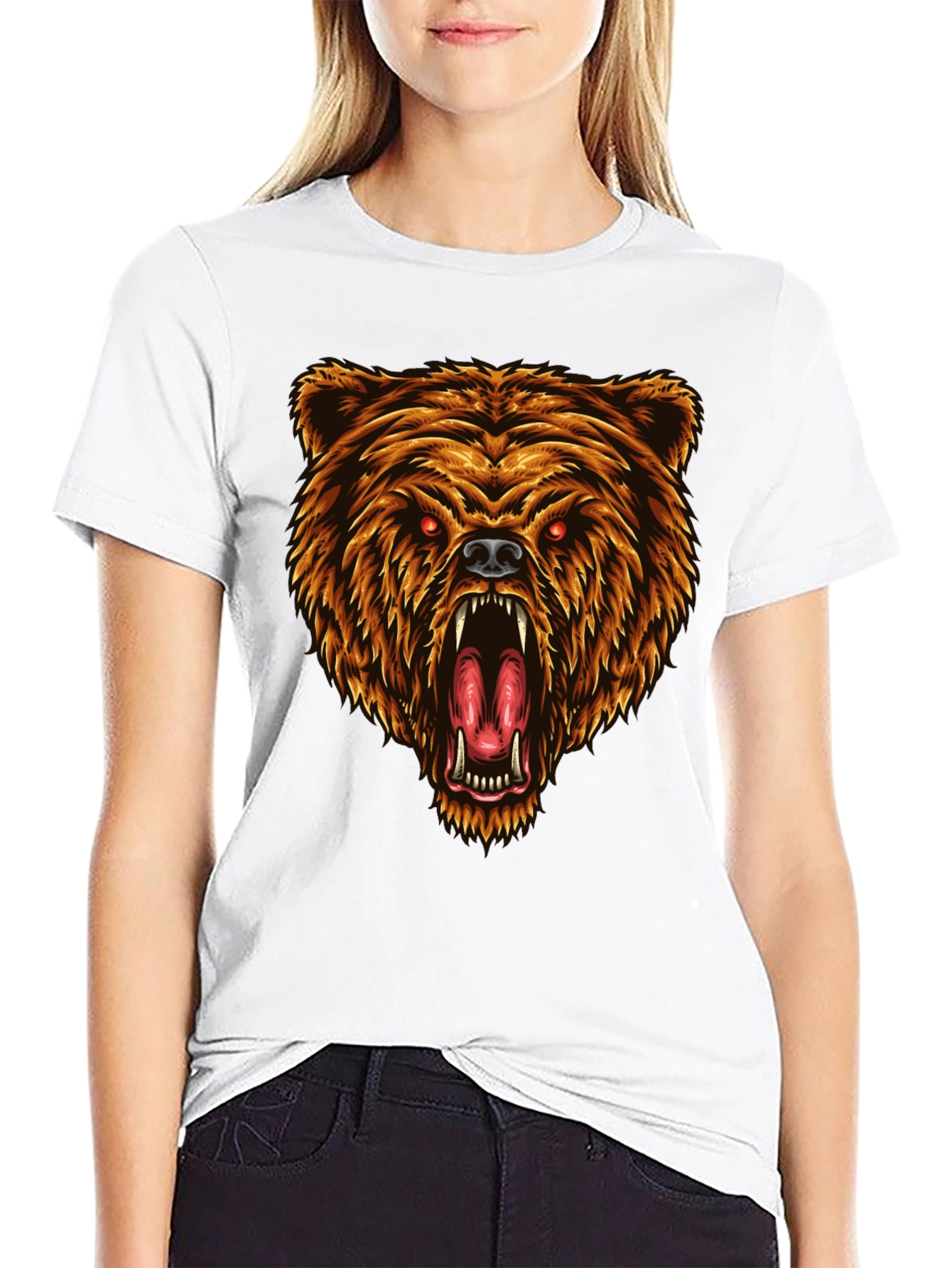Camiseta Negra con Estampado de Oso Feroz