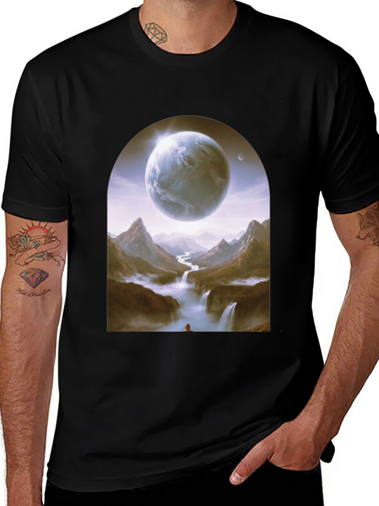 Camiseta Negra con Diseño Fantasía de Planeta y Paisaje