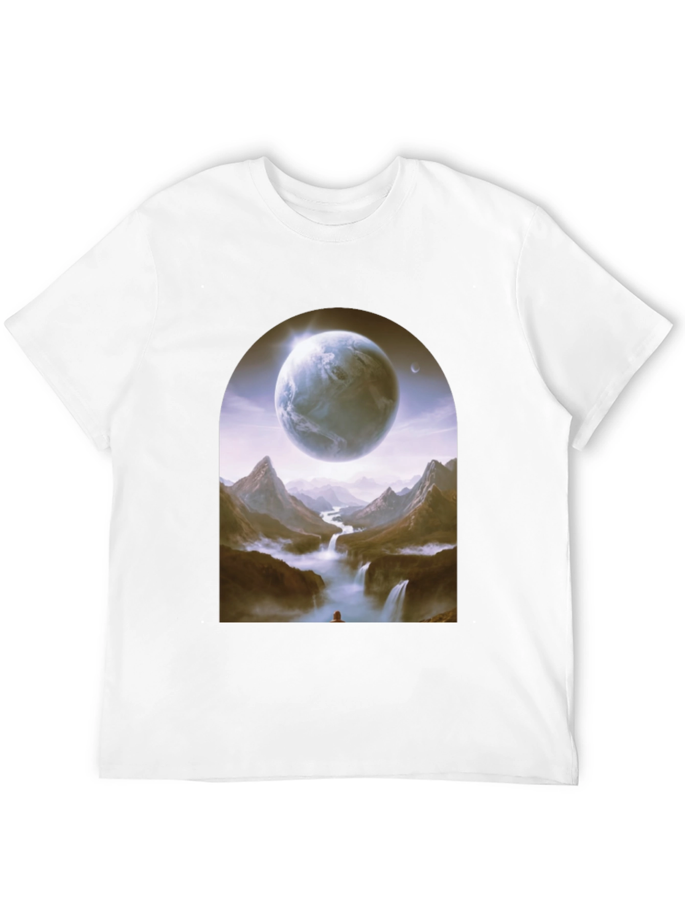 Camiseta Negra con Diseño Fantasía de Planeta y Paisaje