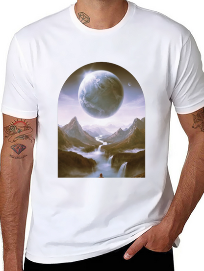 Camiseta Negra con Diseño Fantasía de Planeta y Paisaje
