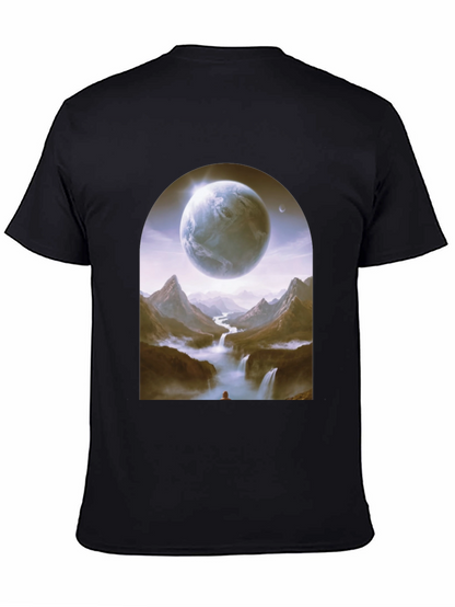 Camiseta Negra con Diseño Fantasía de Planeta y Paisaje