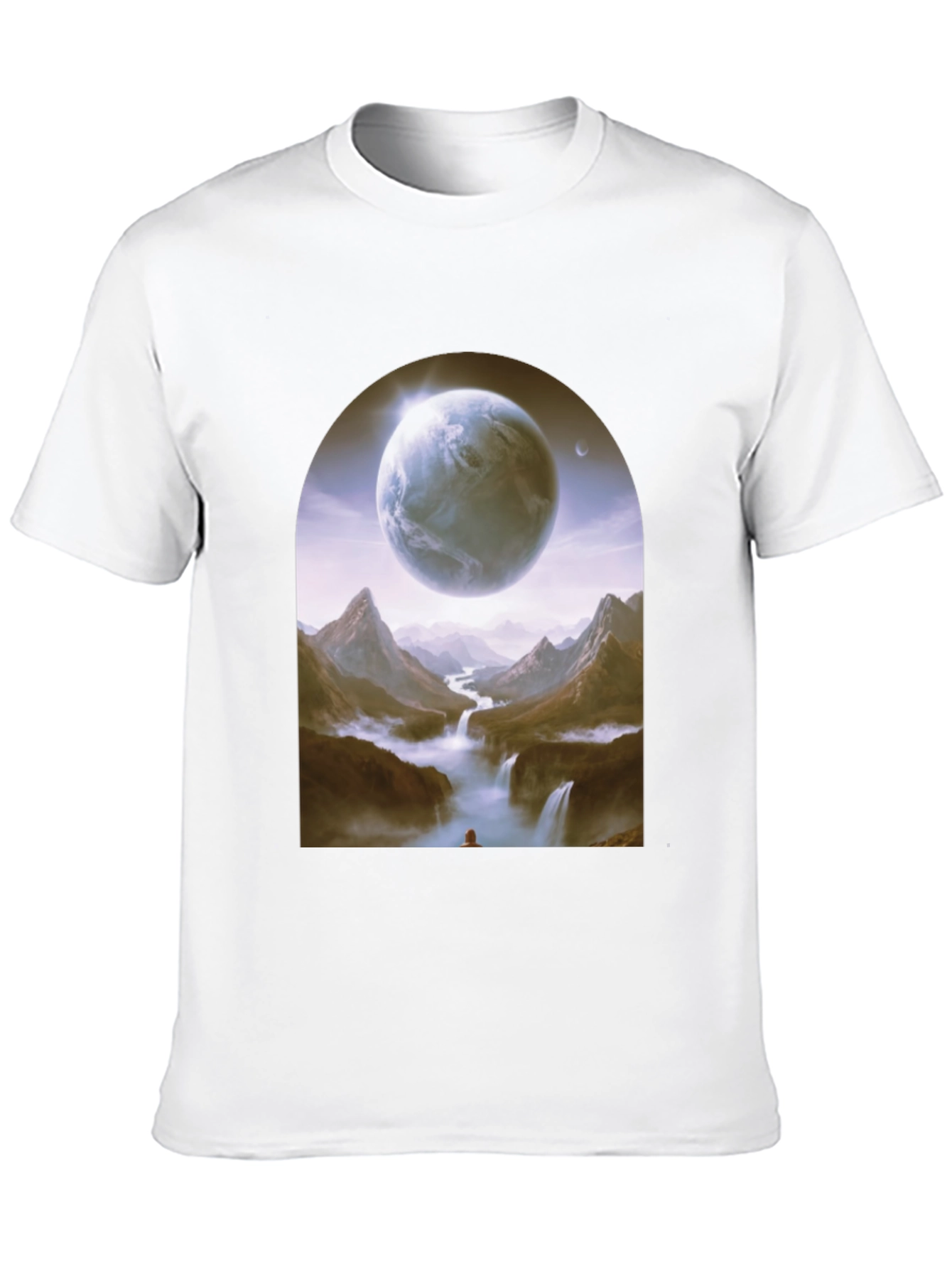 Camiseta Negra con Diseño Fantasía de Planeta y Paisaje