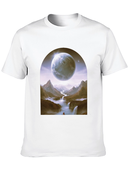 Camiseta Negra con Diseño Fantasía de Planeta y Paisaje