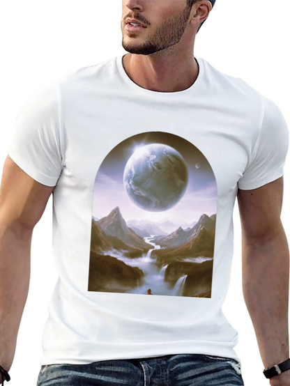 Camiseta Negra con Diseño Fantasía de Planeta y Paisaje