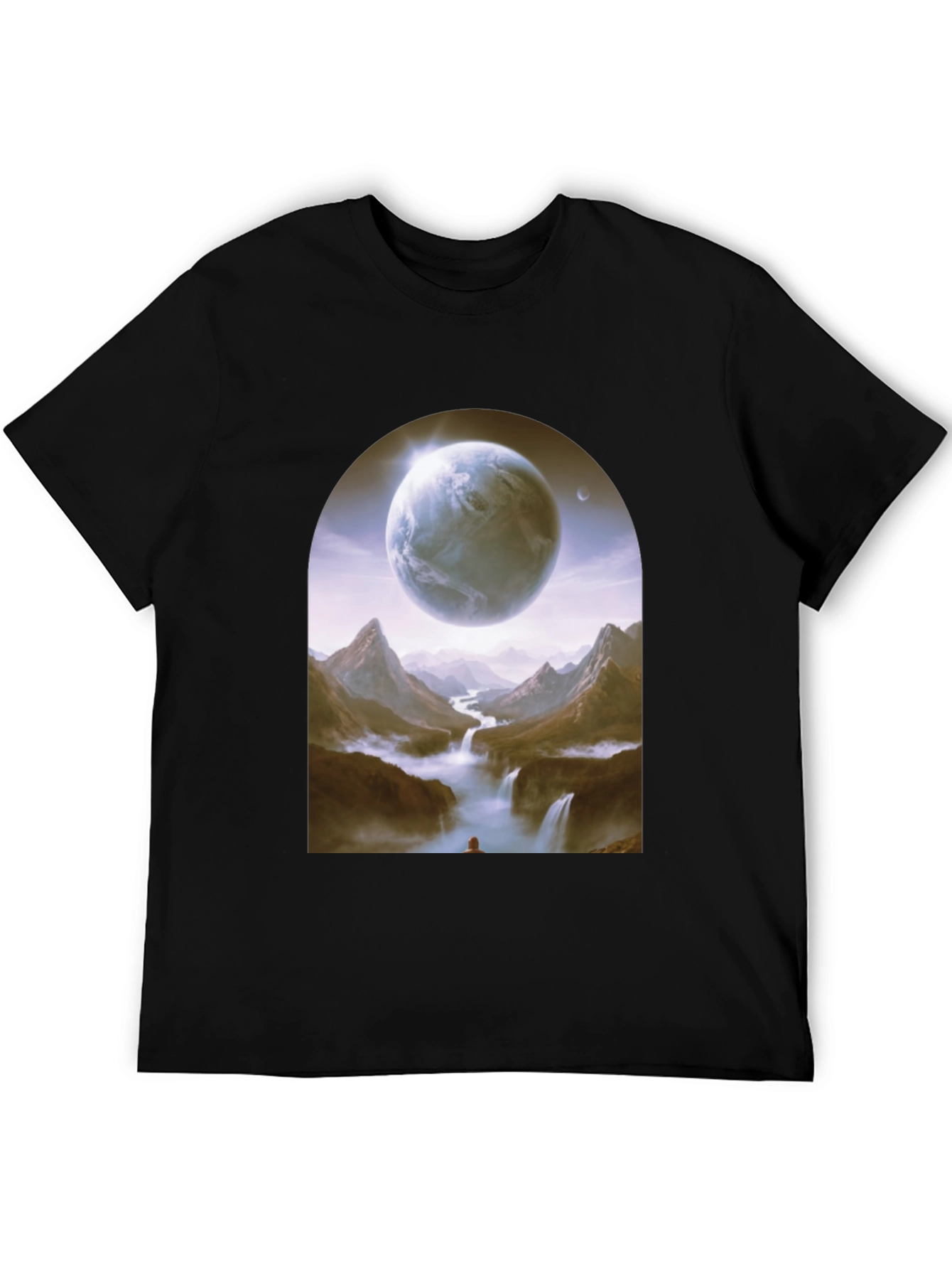 Camiseta Negra con Diseño Fantasía de Planeta y Paisaje