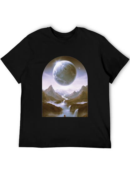 Camiseta Negra con Diseño Fantasía de Planeta y Paisaje