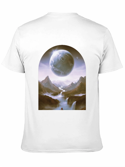 Camiseta Negra con Diseño Fantasía de Planeta y Paisaje