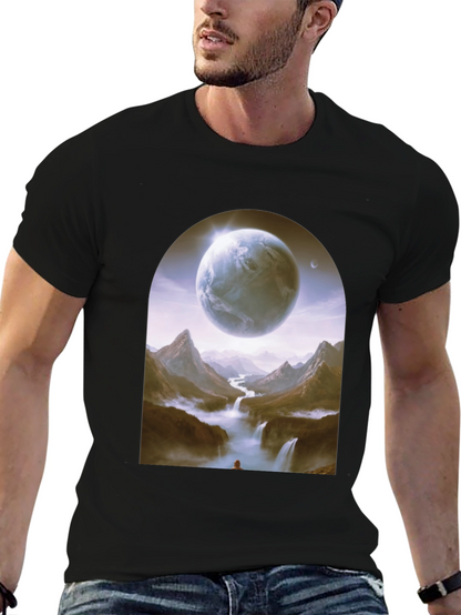 Camiseta Negra con Diseño Fantasía de Planeta y Paisaje