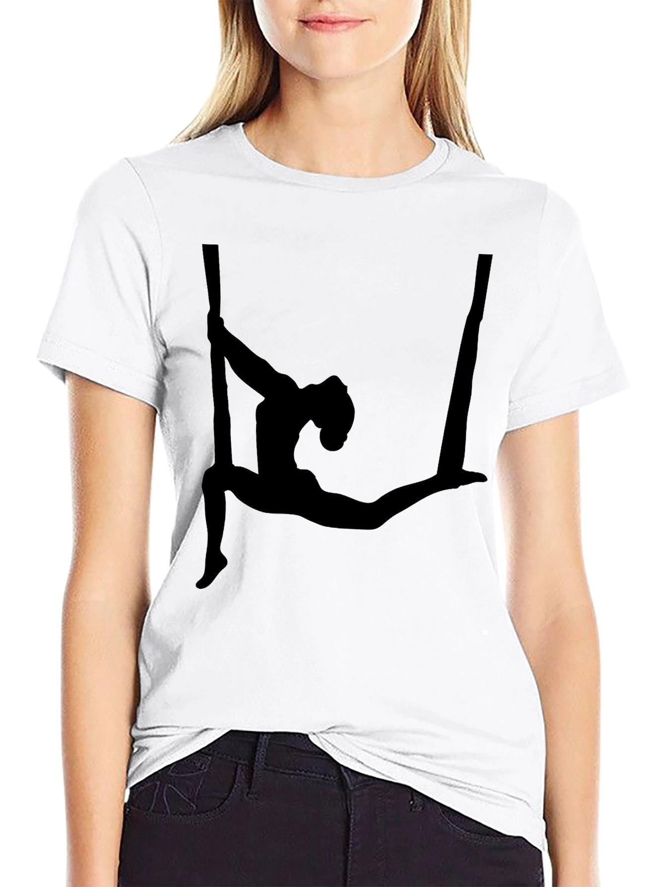 Camiseta Negra con Silueta de Acróbata Aérea