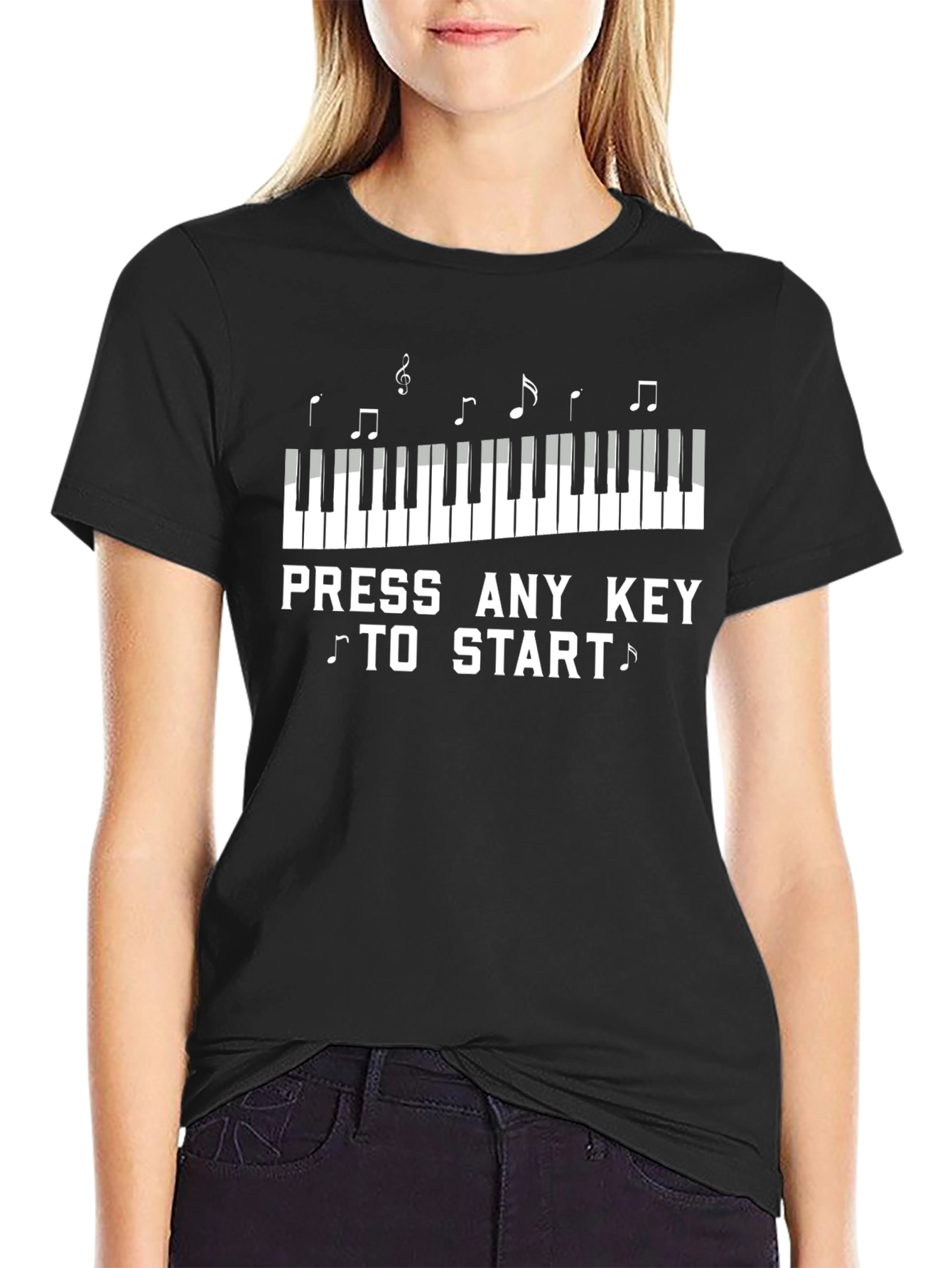 Camiseta Negra Piano Presiona Cualquier Tecla