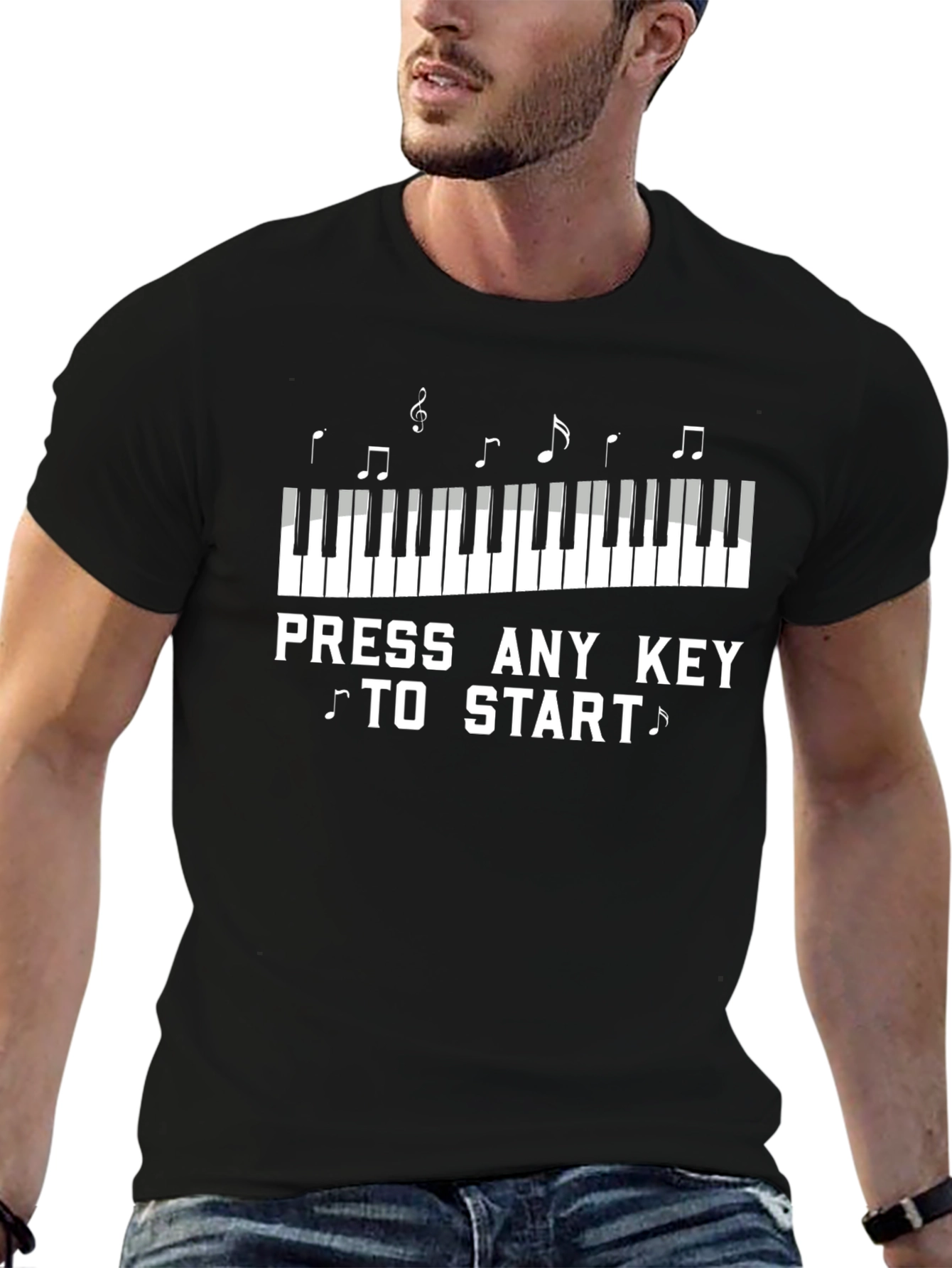 Camiseta Negra Piano Presiona Cualquier Tecla