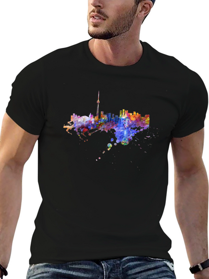 Camiseta Negra con Diseño Abstracto de Ciudad