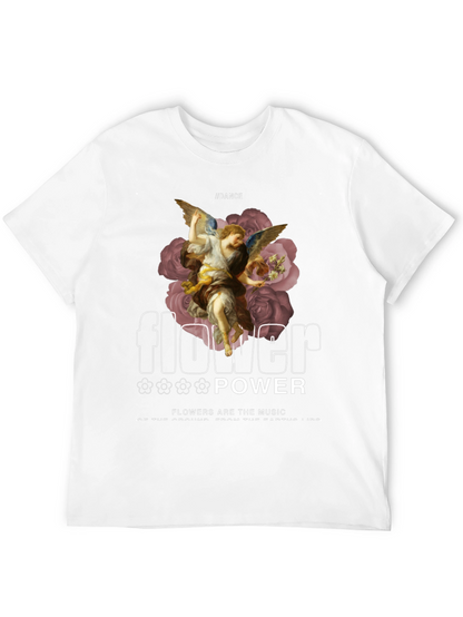 Camiseta Negra con Diseño Floral y Ángel Renacentista