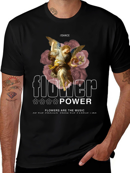 Camiseta Negra con Diseño Floral y Ángel Renacentista
