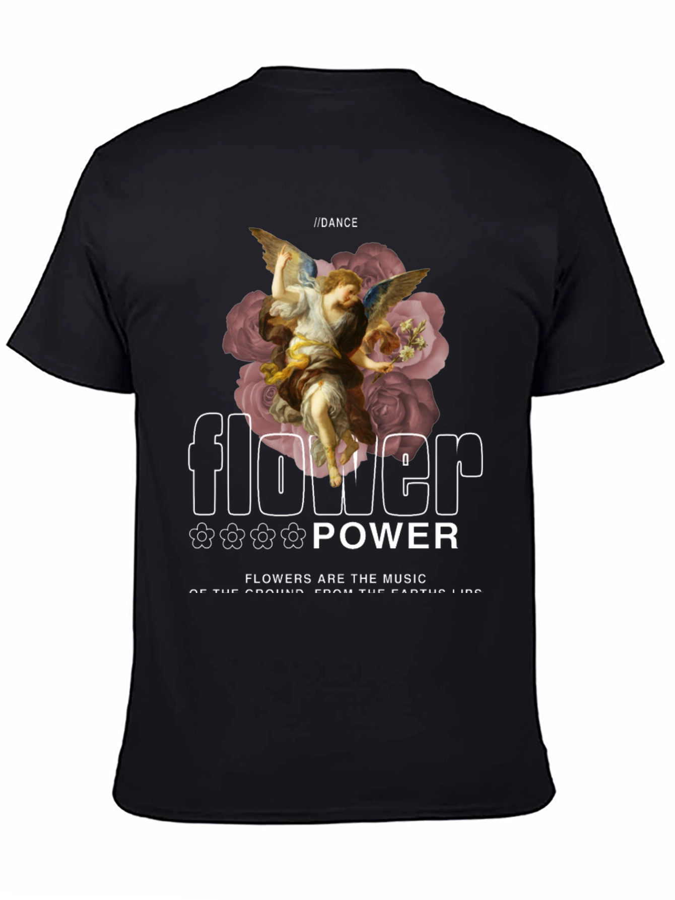 Camiseta Negra con Diseño Floral y Ángel Renacentista