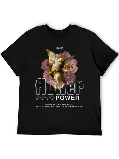 Camiseta Negra con Diseño Floral y Ángel Renacentista
