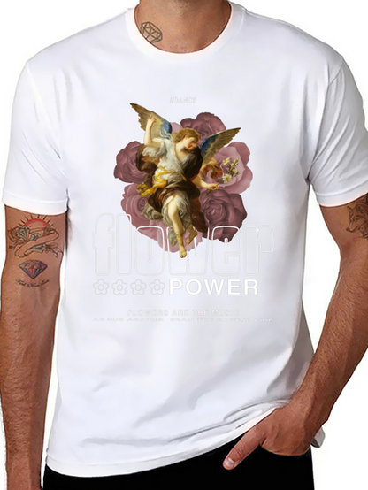 Camiseta Negra con Diseño Floral y Ángel Renacentista