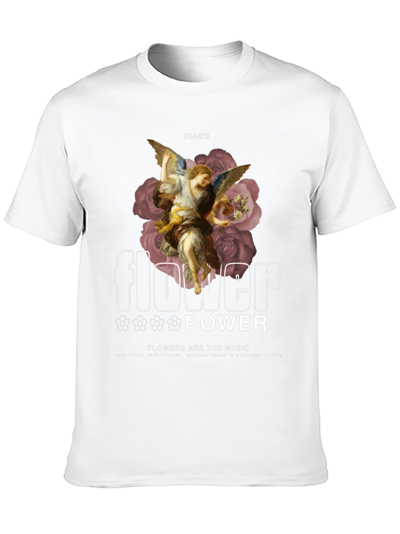 Camiseta Negra con Diseño Floral y Ángel Renacentista