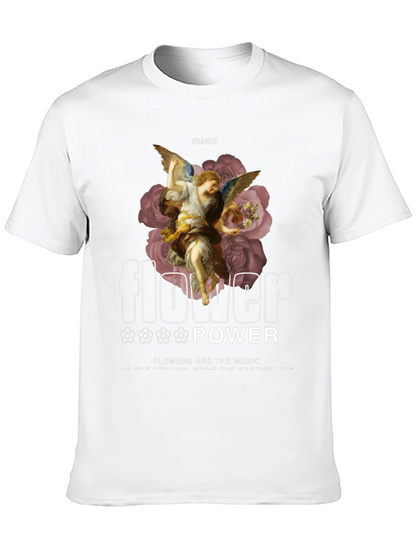 Camiseta Negra con Diseño Floral y Ángel Renacentista