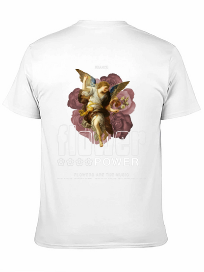 Camiseta Negra con Diseño Floral y Ángel Renacentista