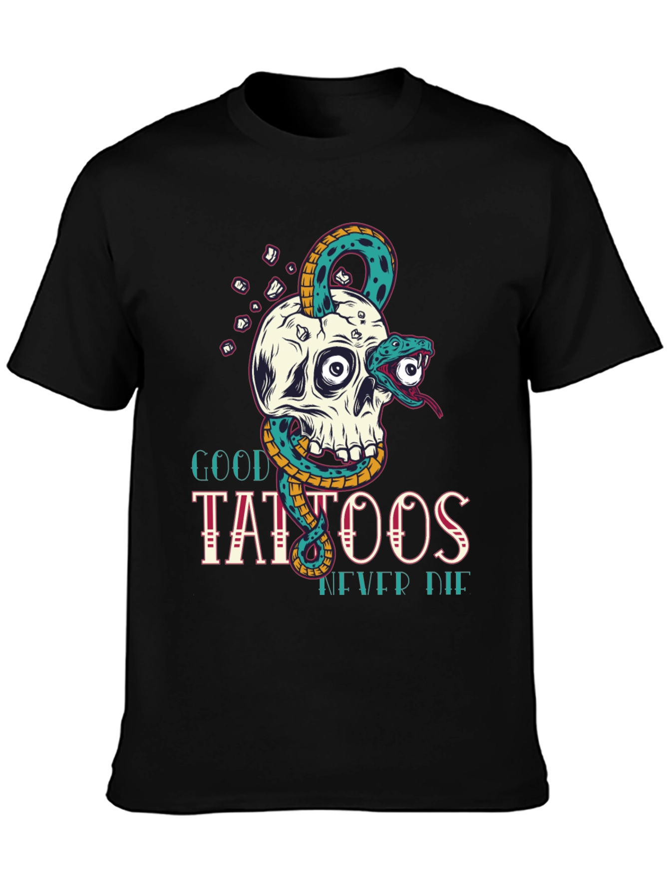 Camiseta Negra Calavera y Serpiente Good Tattoos Never Die