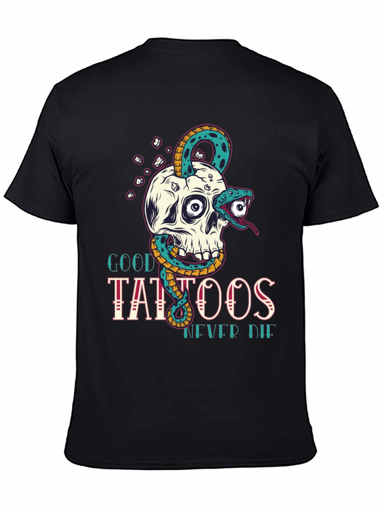 Camiseta Negra Calavera y Serpiente Good Tattoos Never Die