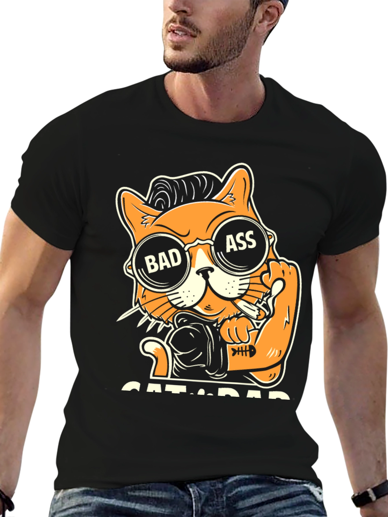 Camiseta Negra con Diseño de Gato Bad Ass
