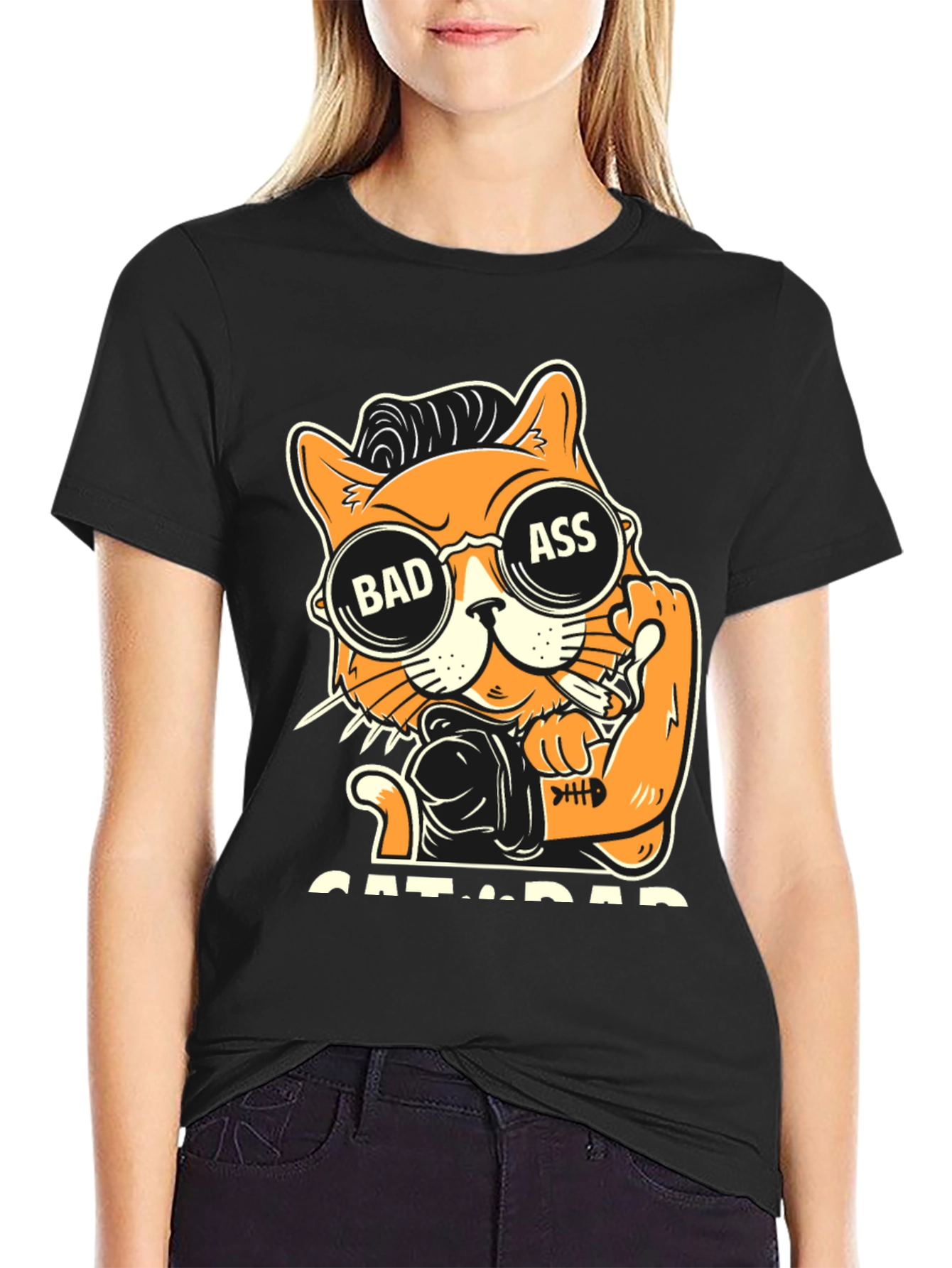 Camiseta Negra con Diseño de Gato Bad Ass