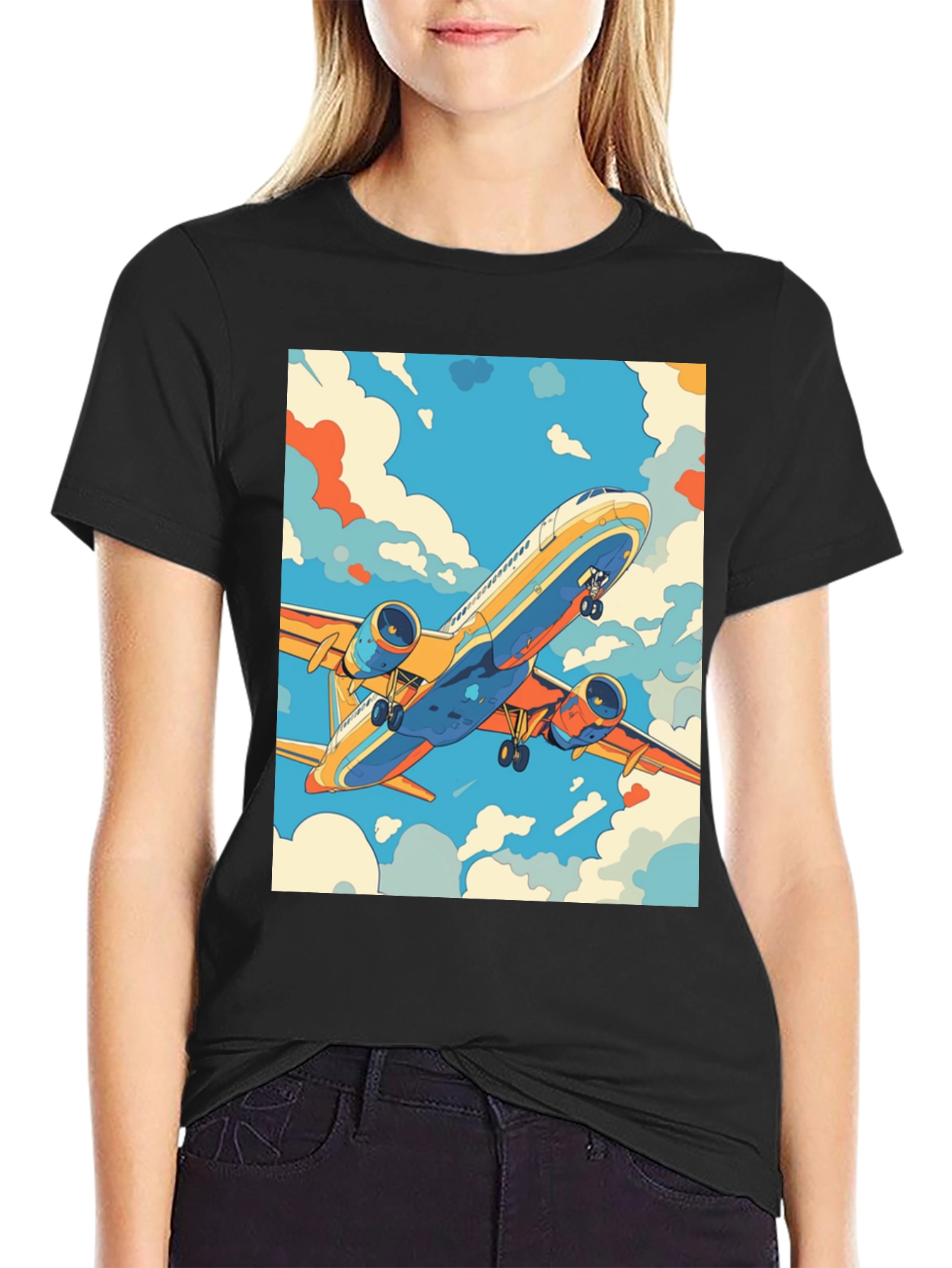 Camiseta Negra con Estampado de Avión Retro