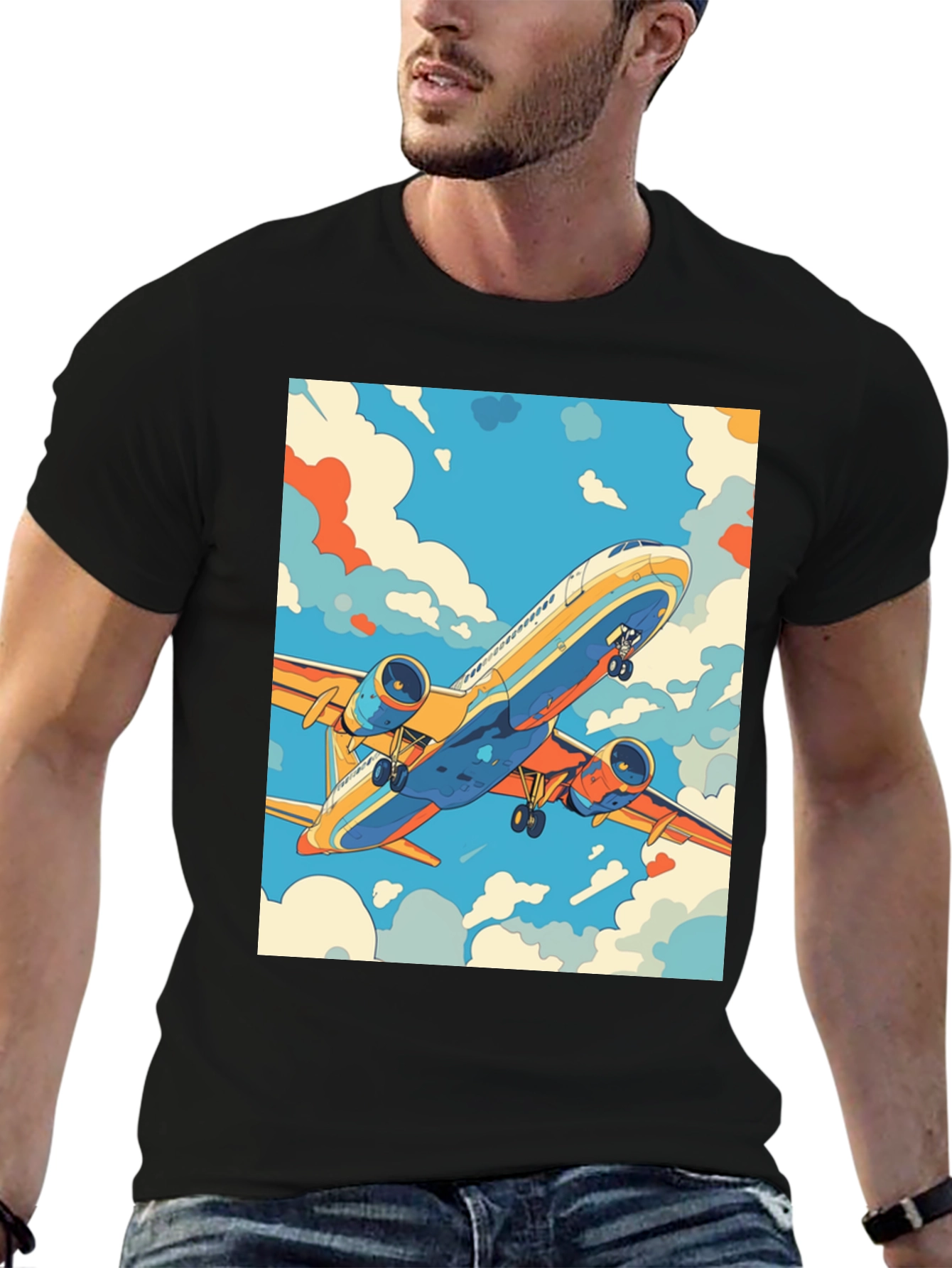 Camiseta Negra con Estampado de Avión Retro