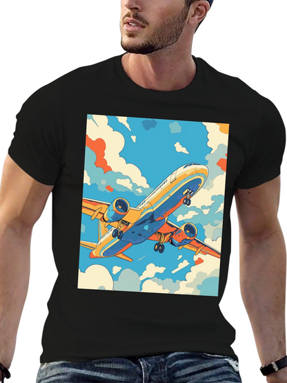 Camiseta Negra con Estampado de Avión Retro