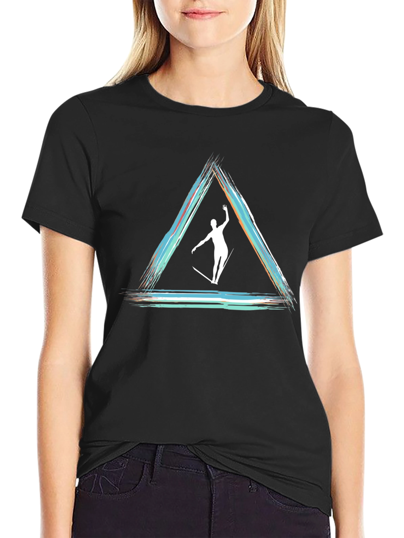 Camiseta Negra con Diseño de Equilibrio Artístico