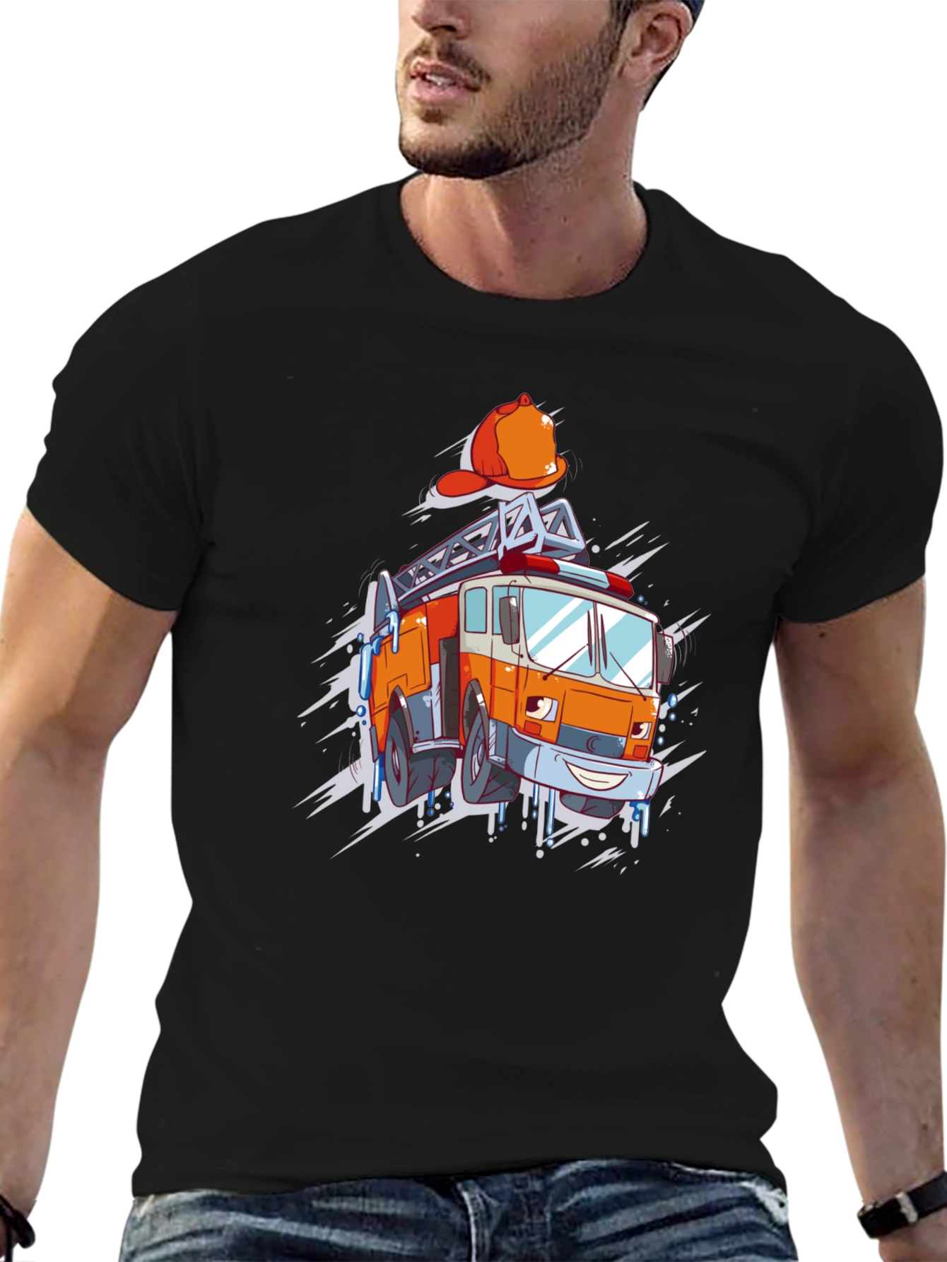 Camiseta Negra con Dibujo de Camión Bomberos