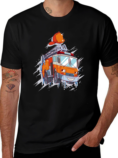 Camiseta Negra con Dibujo de Camión Bomberos