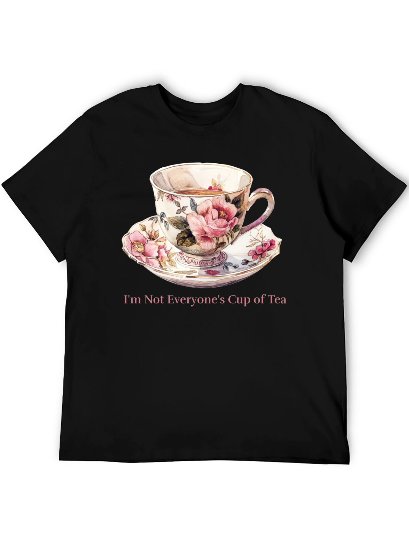 Camiseta Negra con Taza de Té Floral