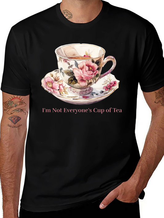 Camiseta Negra con Taza de Té Floral