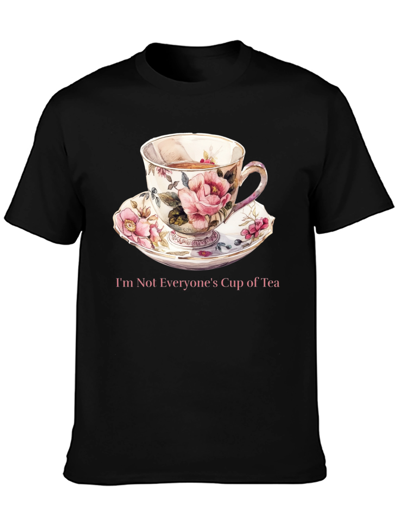 Camiseta Negra con Taza de Té Floral